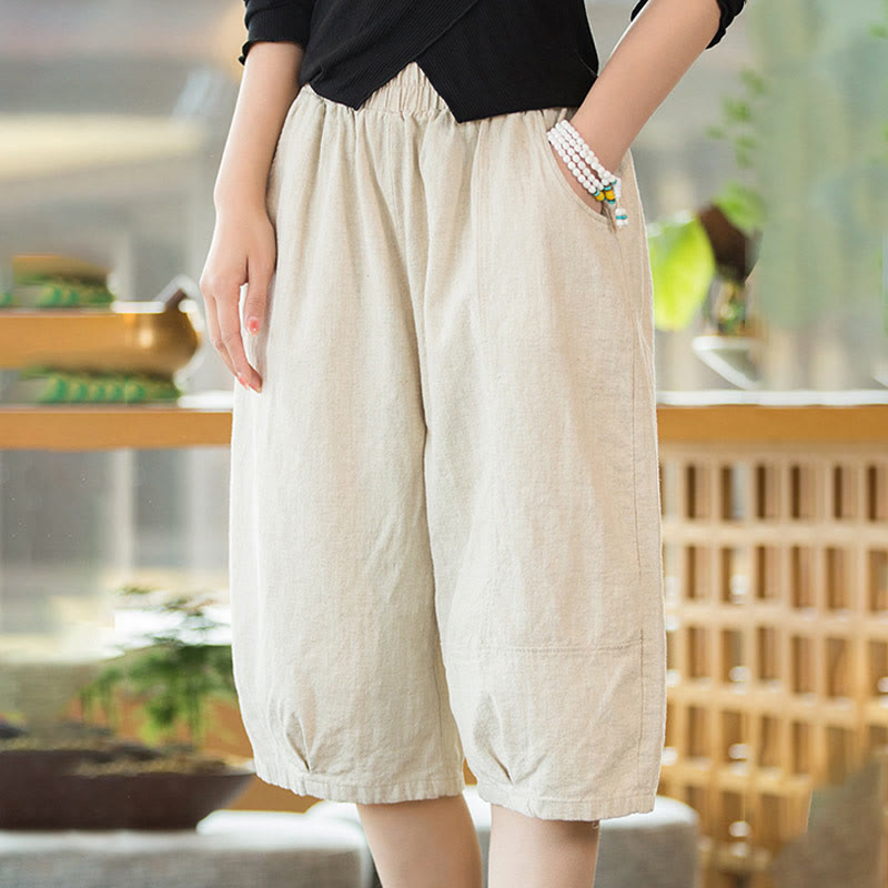 Pantaloncini da donna in cotone ramiè casual tinta unita Buddha Stones con tasche