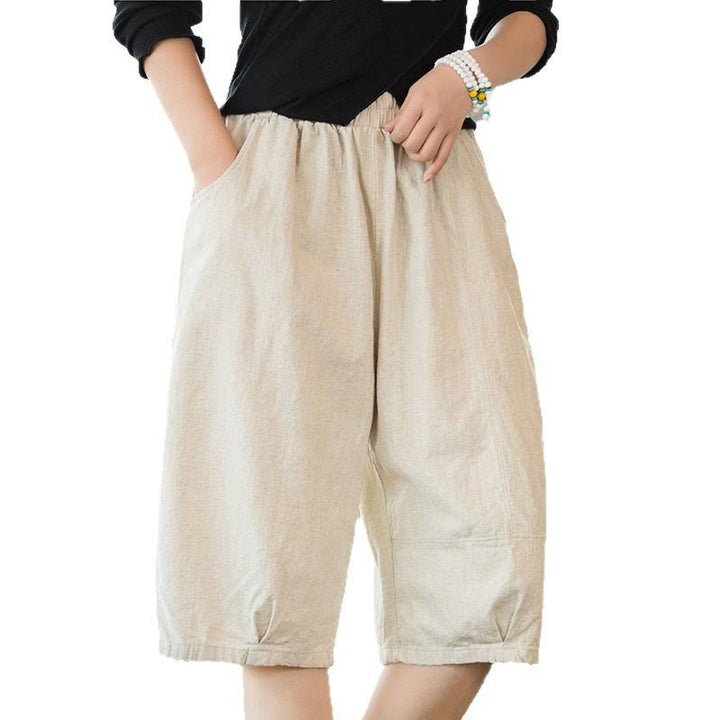 Pantaloncini da donna in cotone ramiè casual tinta unita Buddha Stones con tasche