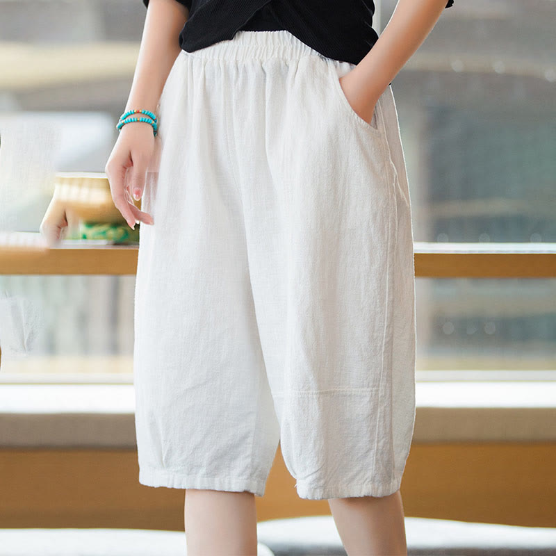 Pantaloncini da donna in cotone ramiè casual tinta unita Buddha Stones con tasche