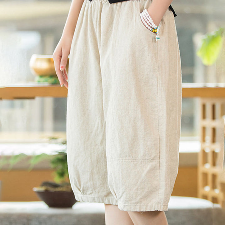 Pantaloncini da donna in cotone ramiè casual tinta unita Buddha Stones con tasche