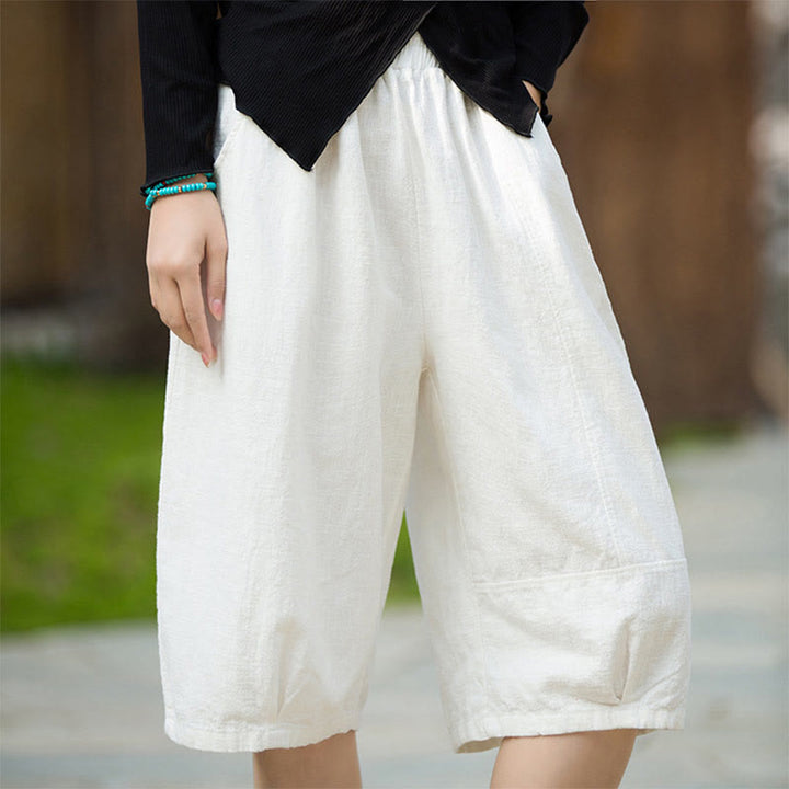 Pantaloncini da donna in cotone ramiè casual tinta unita Buddha Stones con tasche