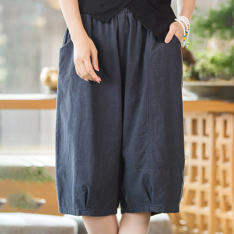 Pantaloncini da donna in cotone ramiè casual tinta unita Buddha Stones con tasche