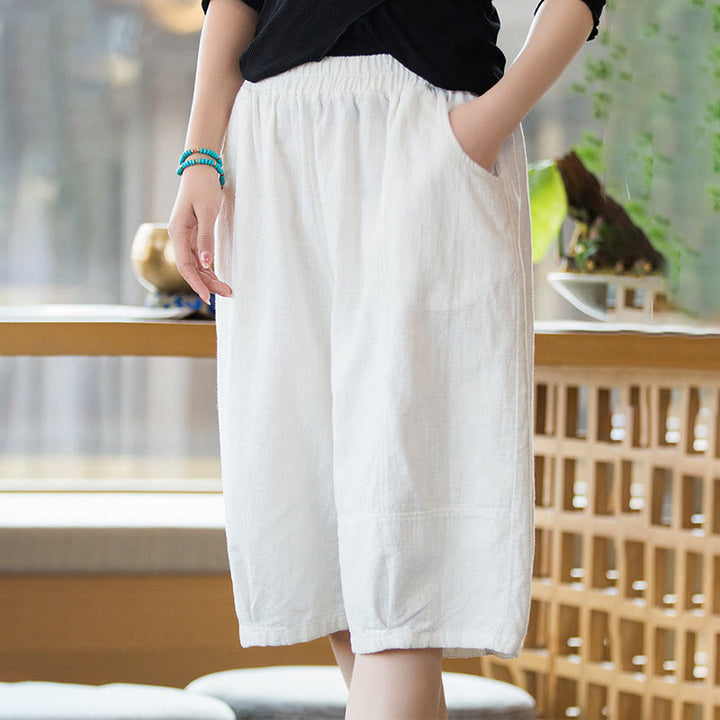 Pantaloncini da donna in cotone ramiè casual tinta unita Buddha Stones con tasche - Bianco - US4, UK/AU8, EU36-38 (F) - image 6