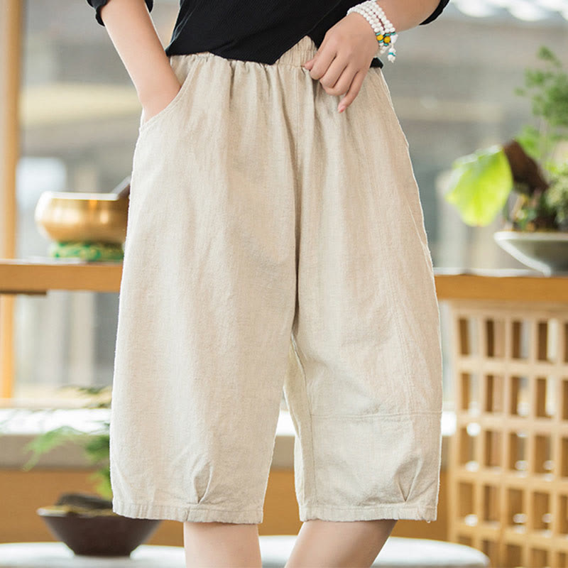 Pantaloncini da donna in cotone ramiè casual tinta unita Buddha Stones con tasche