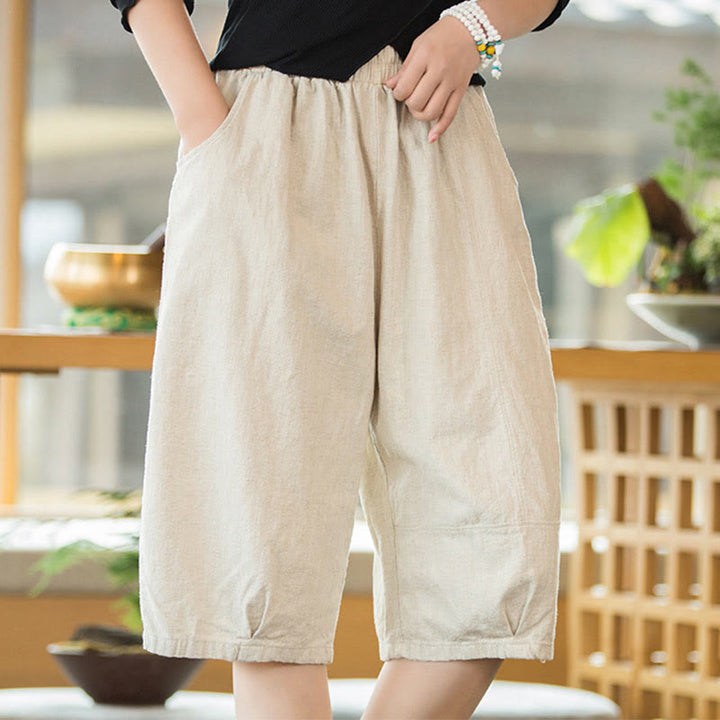Pantaloncini da donna in cotone ramiè casual tinta unita Buddha Stones con tasche