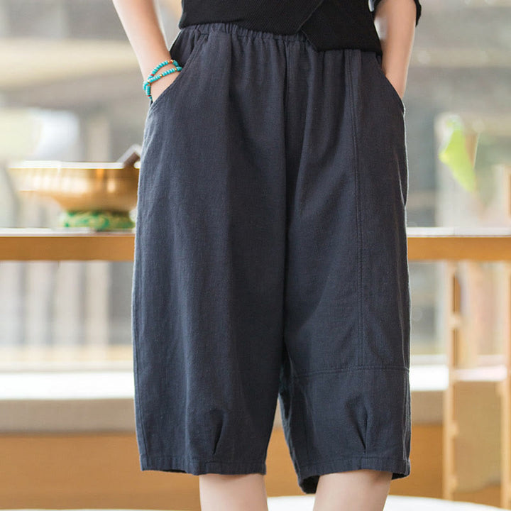 Pantaloncini da donna in cotone ramiè casual tinta unita Buddha Stones con tasche