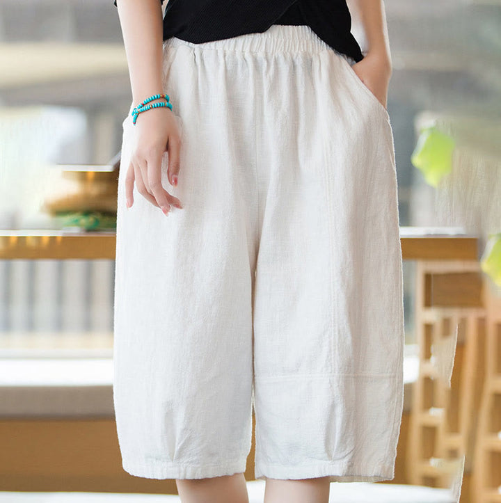 Pantaloncini da donna in cotone ramiè casual tinta unita Buddha Stones con tasche