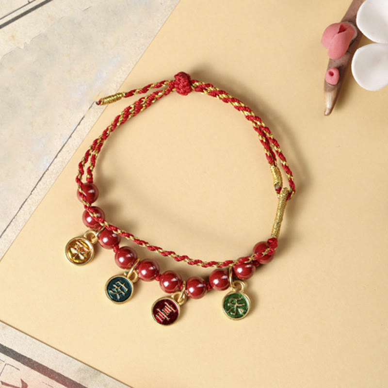 Braccialetto intrecciato regolabile con corda rossa, pace e gioia , Buddha Stones, cinabro e benedizione