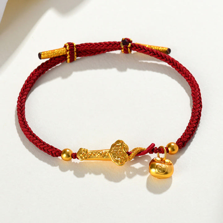 Buddha Stones Stringa Rossa Fu Carattere Lingotto Ruyi Bastone Fortuna Braccialetto Intrecciato