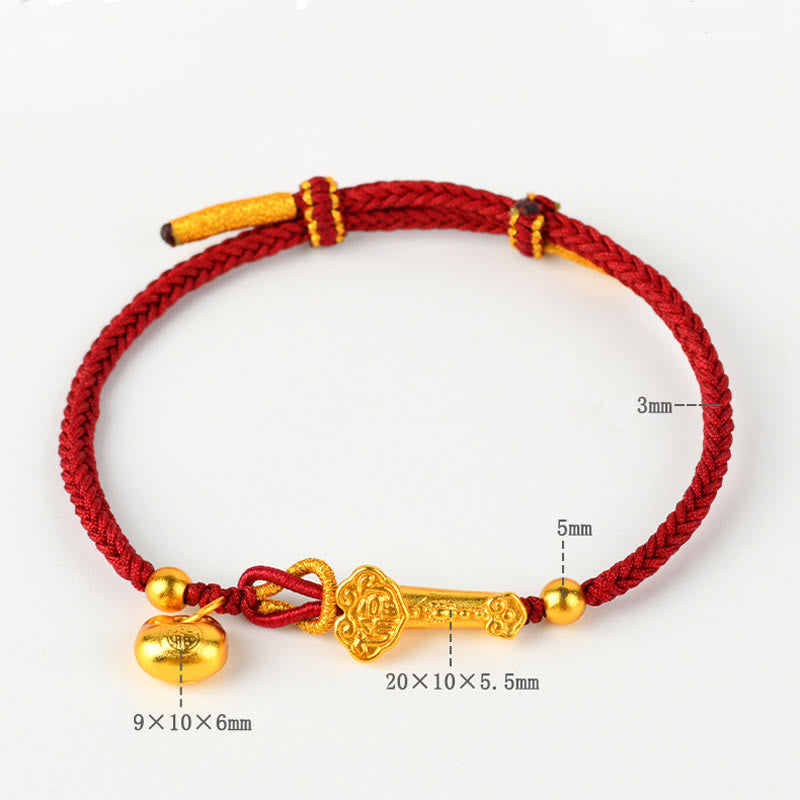 Buddha Stones Stringa Rossa Fu Carattere Lingotto Ruyi Bastone Fortuna Braccialetto Intrecciato