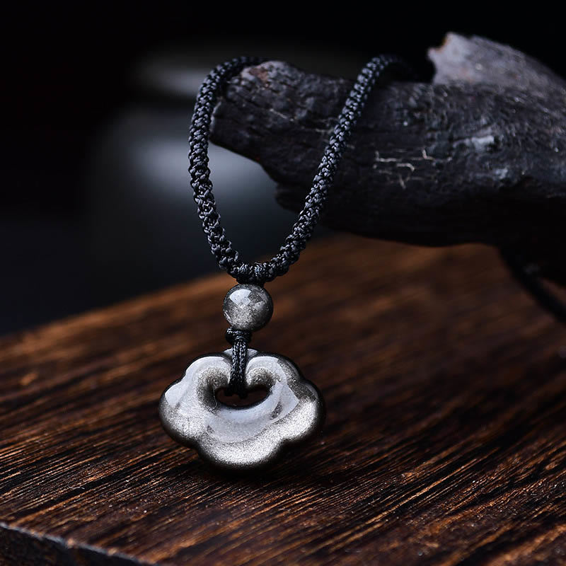 Buddha Stones Argento Naturale Lucentezza Ossidiana Nuvole di Buon Auspicio Protezione Collana Pendente Lenitivo