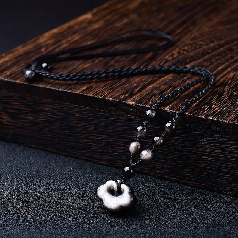 Buddha Stones Argento Naturale Lucentezza Ossidiana Nuvole di Buon Auspicio Protezione Collana Pendente Lenitivo