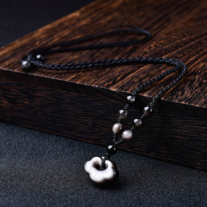 Buddha Stones Argento Naturale Lucentezza Ossidiana Nuvole di Buon Auspicio Protezione Collana Pendente Lenitivo