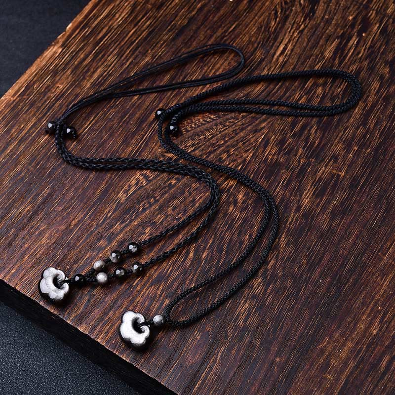 Buddha Stones Argento Naturale Lucentezza Ossidiana Nuvole di Buon Auspicio Protezione Collana Pendente Lenitivo