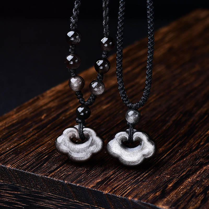 Buddha Stones Argento Naturale Lucentezza Ossidiana Nuvole di Buon Auspicio Protezione Collana Pendente Lenitivo