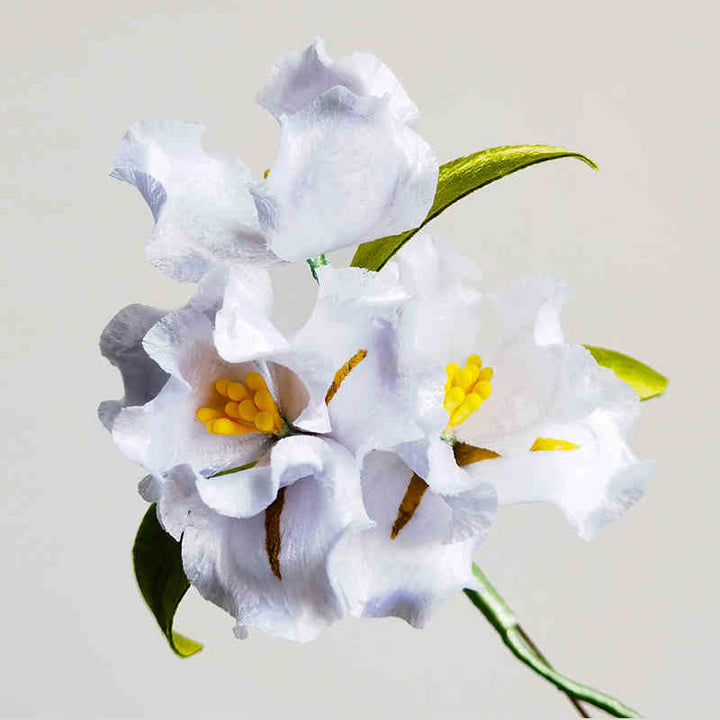 Spilla a forma di fiore di iris bianco in seta di gelso con Buddha Stones, realizzata a mano