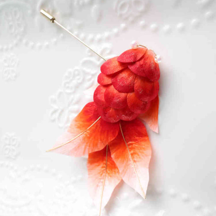 Spilla per capelli con foglie di pesce koi rosso in seta di gelso, fatta a mano, con Buddha Stones , Yangzhou, fiore di velluto