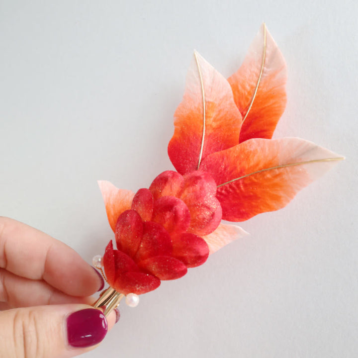 Spilla per capelli con foglie di pesce koi rosso in seta di gelso, fatta a mano, con Buddha Stones , Yangzhou, fiore di velluto