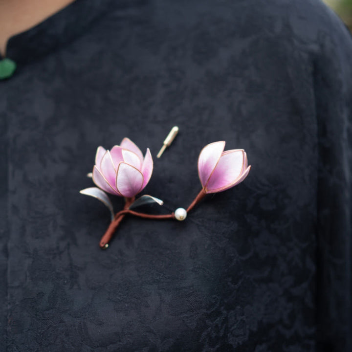 Spilla per capelli in Buddha Stones, fiore di velluto di Yangzhou, fatto a mano, con magnolia viola