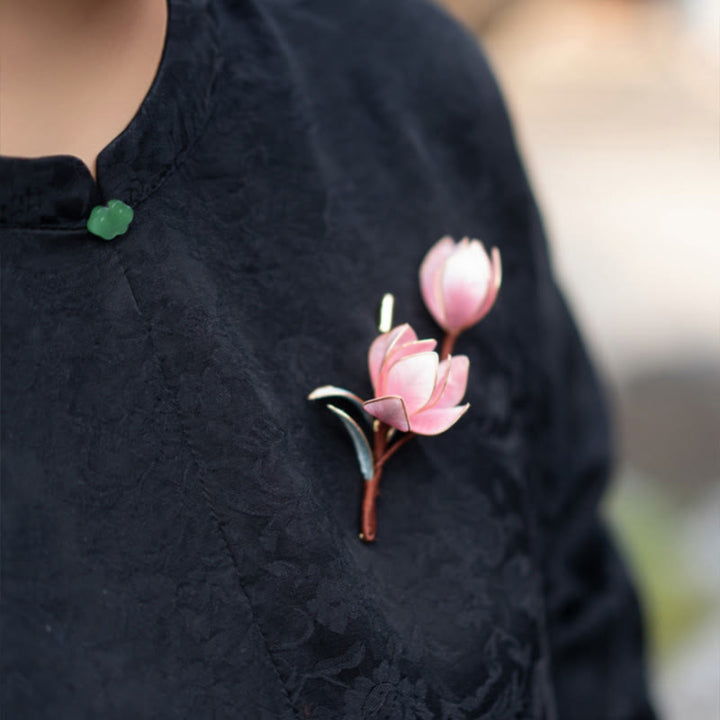 Spilla per capelli in Buddha Stones, fiore di velluto di Yangzhou, fatto a mano, con magnolia viola