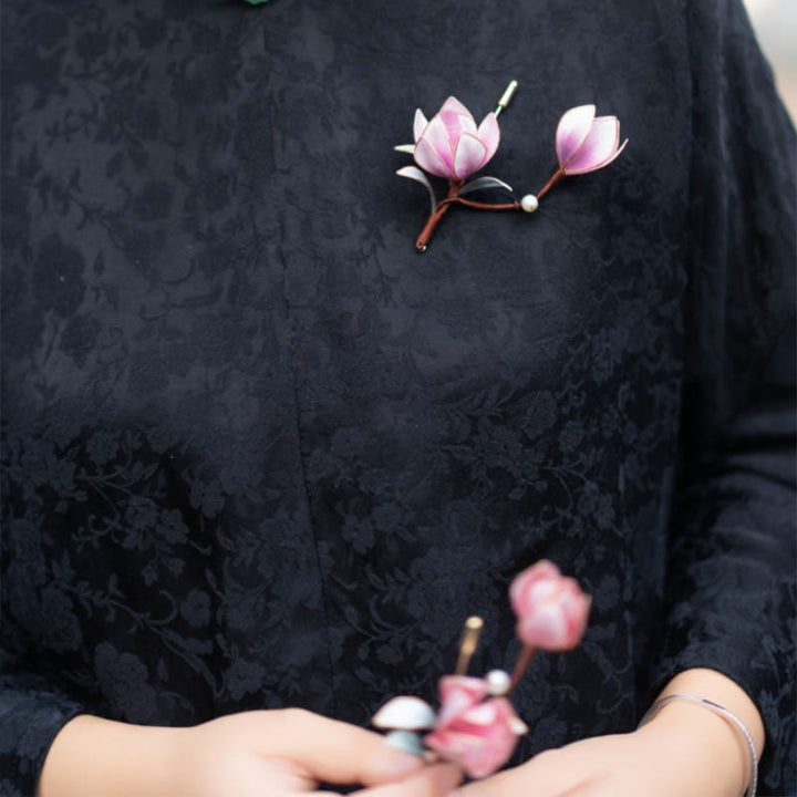 Spilla per capelli in Buddha Stones, fiore di velluto di Yangzhou, fatto a mano, con magnolia viola