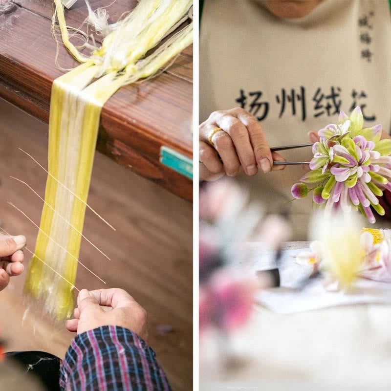 Spilla in seta di gelso con fiori di pesco in velluto di Yangzhou, realizzata a mano con Buddha Stones