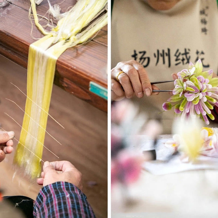 Spilla in seta di gelso con fiori di pesco in velluto di Yangzhou, realizzata a mano con Buddha Stones