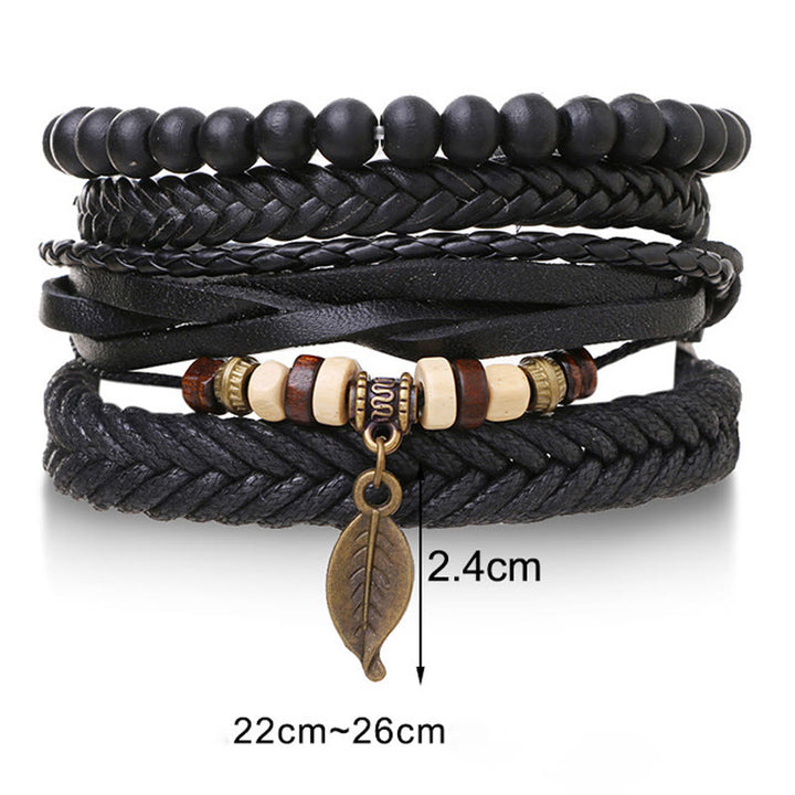 Braccialetto coraggioso con perline di resina intrecciate in pelle multistrato con Buddha Stones foglie