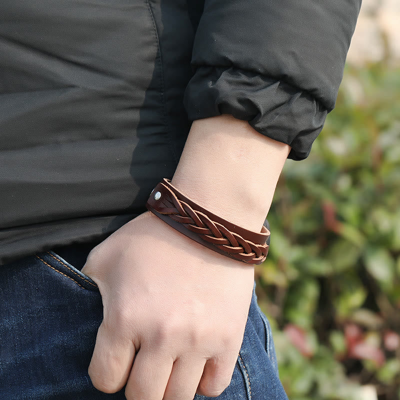 Braccialetto regolabile con fibbia rinforzata in pelle intrecciata vintage Buddha Stones