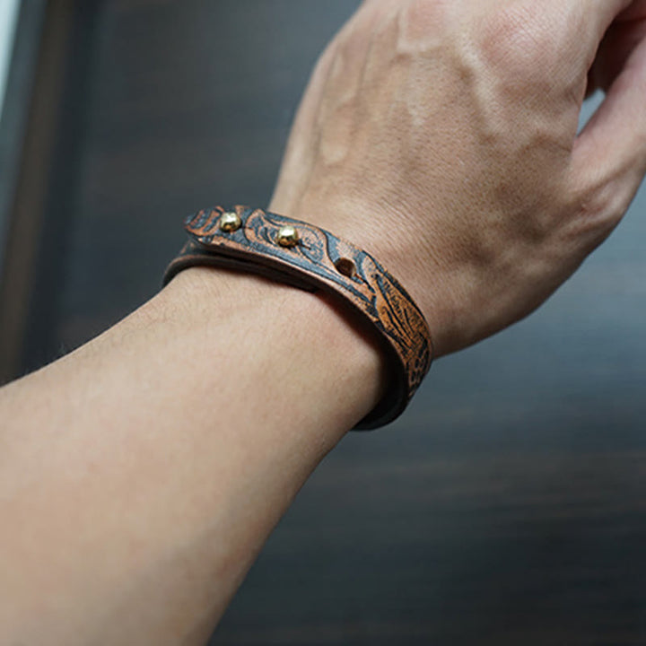 Braccialetto regolabile con fibbia in pelle stampata vintage Buddha Stones