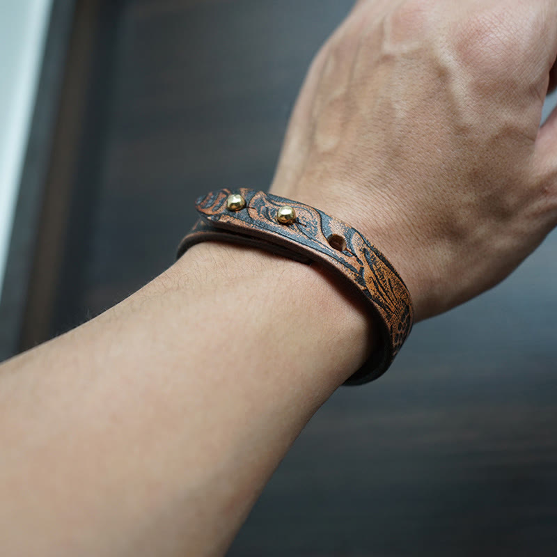 Braccialetto regolabile con fibbia in pelle stampata vintage Buddha Stones