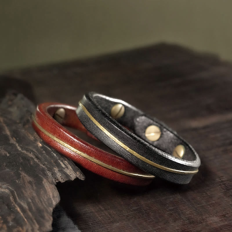 Braccialetto di guarigione in filo di ottone e rame in pelle vintage Buddha Stones
