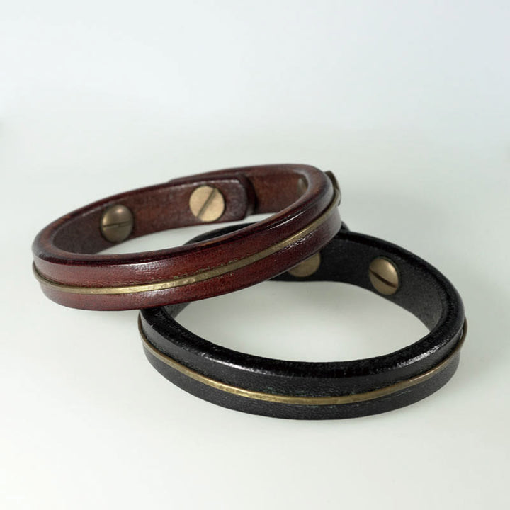 Braccialetto di guarigione in filo di ottone e rame in pelle vintage Buddha Stones