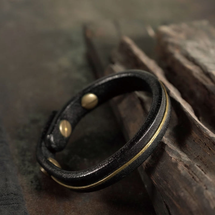 Braccialetto di guarigione in filo di ottone e rame in pelle vintage Buddha Stones