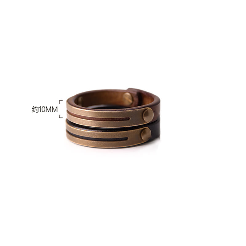 Bracciale rigido in pelle vintage con Buddha Stones, in rame e ottone