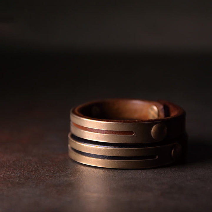 Bracciale rigido in pelle vintage con Buddha Stones, in rame e ottone