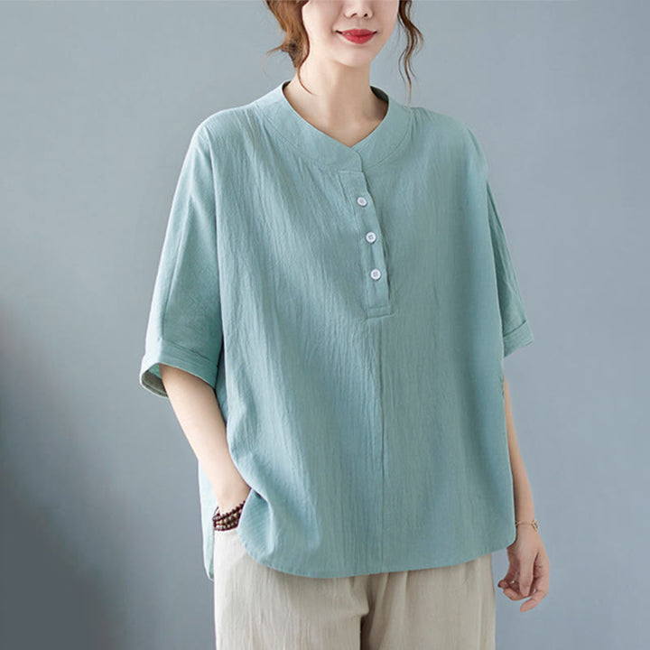 Camicia in cotone e lino a mezza manica con maniche a pipistrello, motivo Buddha Stones, da donna - Blu polvere - US6, UK/AU10, EU38 (XL) - image 0
