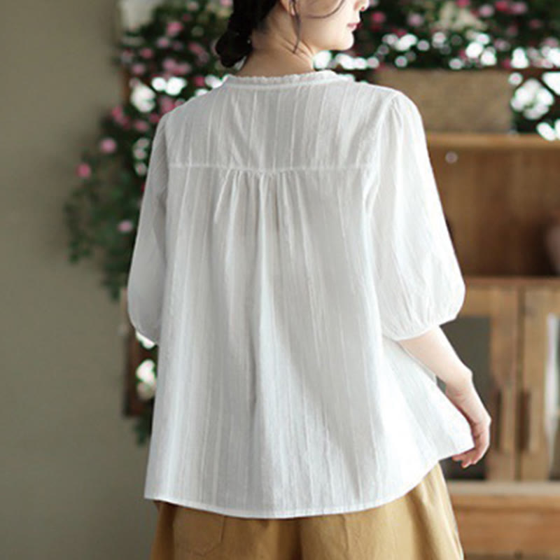 Camicia da donna in cotone a maniche corte con scollo a V in pizzo bianco puro Buddha Stones - image 2