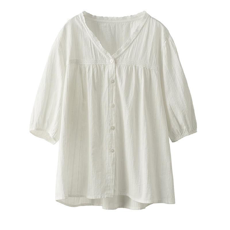 Camicia da donna in cotone a maniche corte con scollo a V in pizzo bianco puro Buddha Stones - image 12