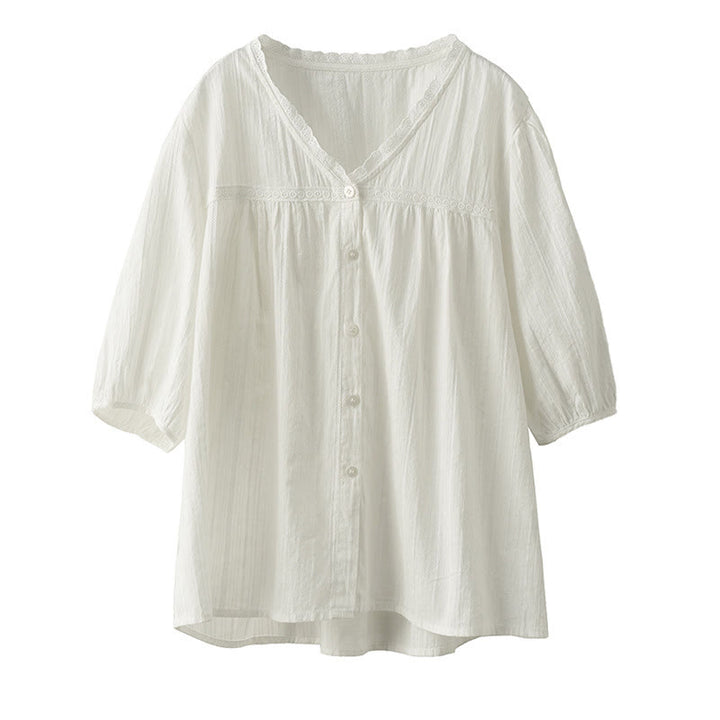 Camicia da donna in cotone a maniche corte con scollo a V in pizzo bianco puro Buddha Stones - image 12