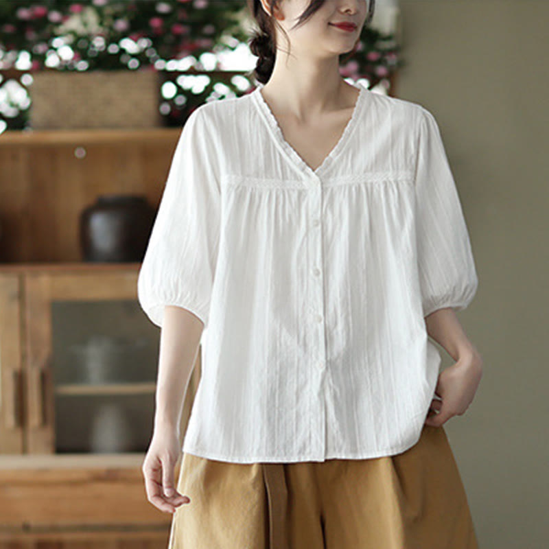 Camicia da donna in cotone a maniche corte con scollo a V in pizzo bianco puro Buddha Stones - image 9