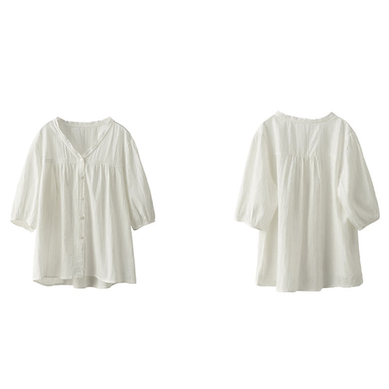 Camicia da donna in cotone a maniche corte con scollo a V in pizzo bianco puro Buddha Stones - image 13