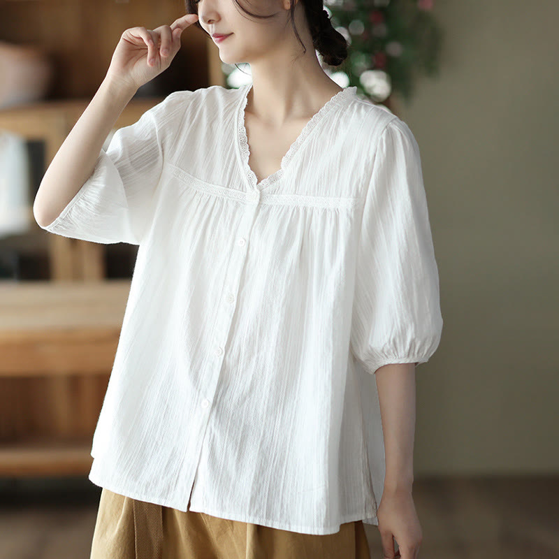 Camicia da donna in cotone a maniche corte con scollo a V in pizzo bianco puro Buddha Stones - image 3