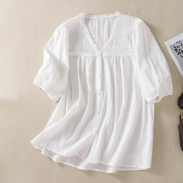 Camicia da donna in cotone a maniche corte con scollo a V in pizzo bianco puro Buddha Stones - image 4