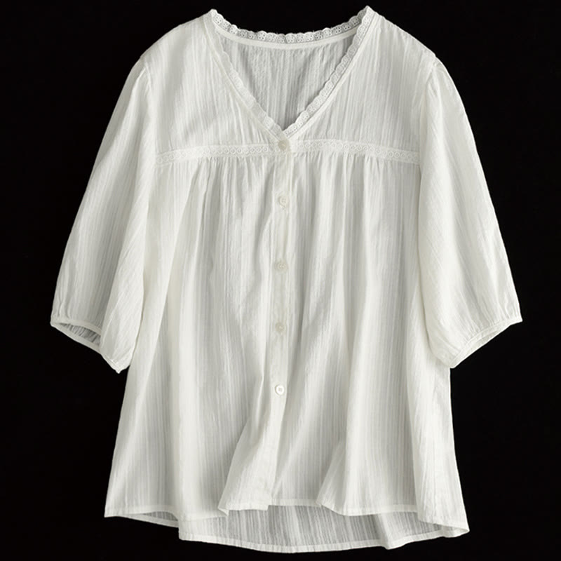Camicia da donna in cotone a maniche corte con scollo a V in pizzo bianco puro Buddha Stones - image 11