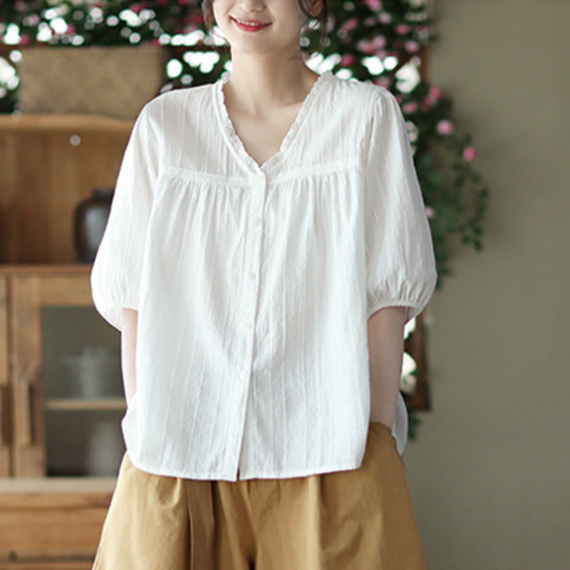 Camicia da donna in cotone a maniche corte con scollo a V in pizzo bianco puro Buddha Stones - image 1