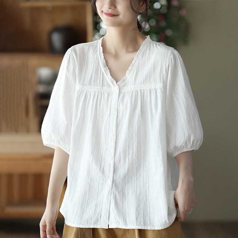 Camicia da donna in cotone a maniche corte con scollo a V in pizzo bianco puro Buddha Stones - image 8