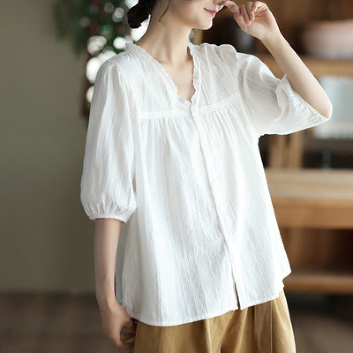 Camicia da donna in cotone a maniche corte con scollo a V in pizzo bianco puro Buddha Stones - Bianco - US8-10, UK/AU12-14, EU40-42 (2XL) - image 0