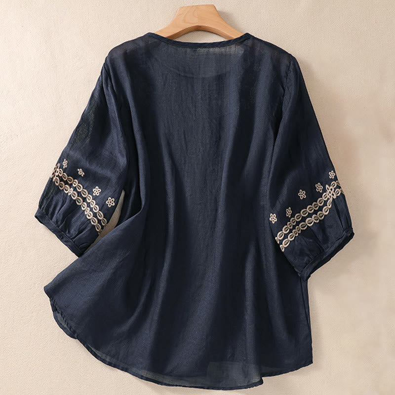 Camicia in cotone e lino a maniche corte con scollo a giro e design cavo da donna Buddha Stones - image 8