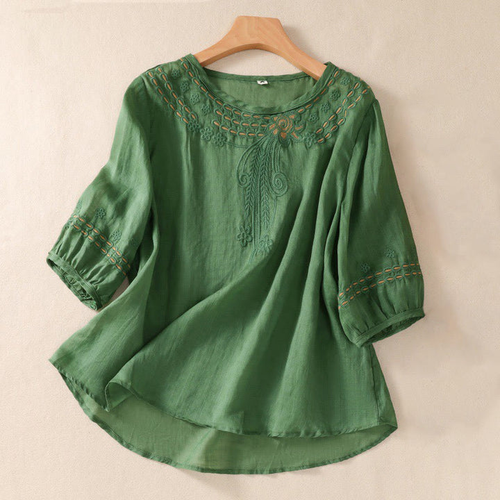 Camicia in cotone e lino a maniche corte con scollo a giro e design cavo da donna Buddha Stones - Verdemare medio - US8-10, UK/AU12-14, EU40-42 (2XL) - image 20
